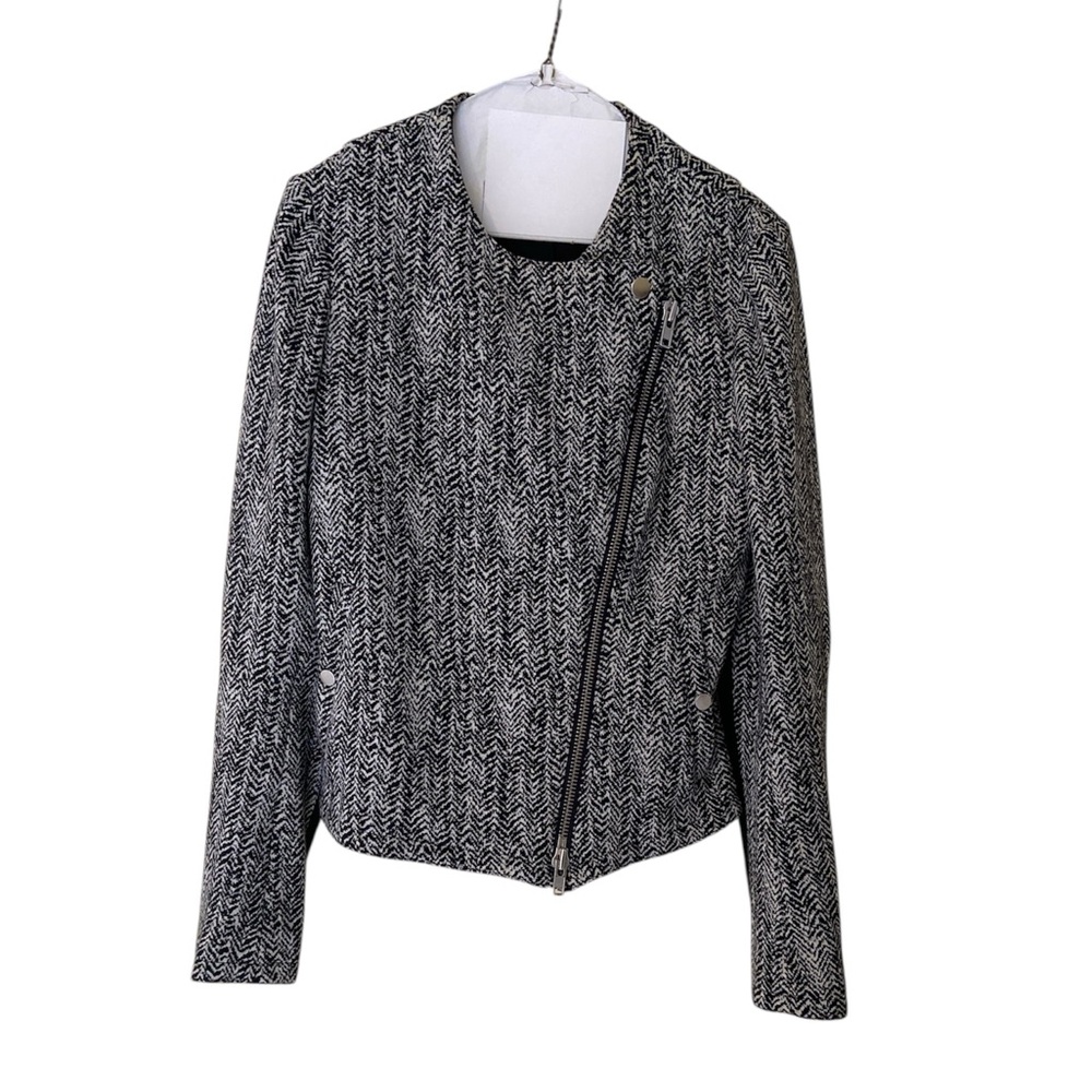 Theory Joean Black White Herringbone Peplum Leather Trim Moto Jacket Size 8